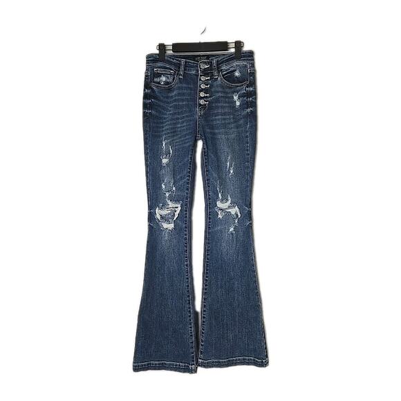 Judy Blue Denim - Judy Blue Trouser Flair Button Fly Destroyed Denim Jeans Size 3/26 (34" Inseam)